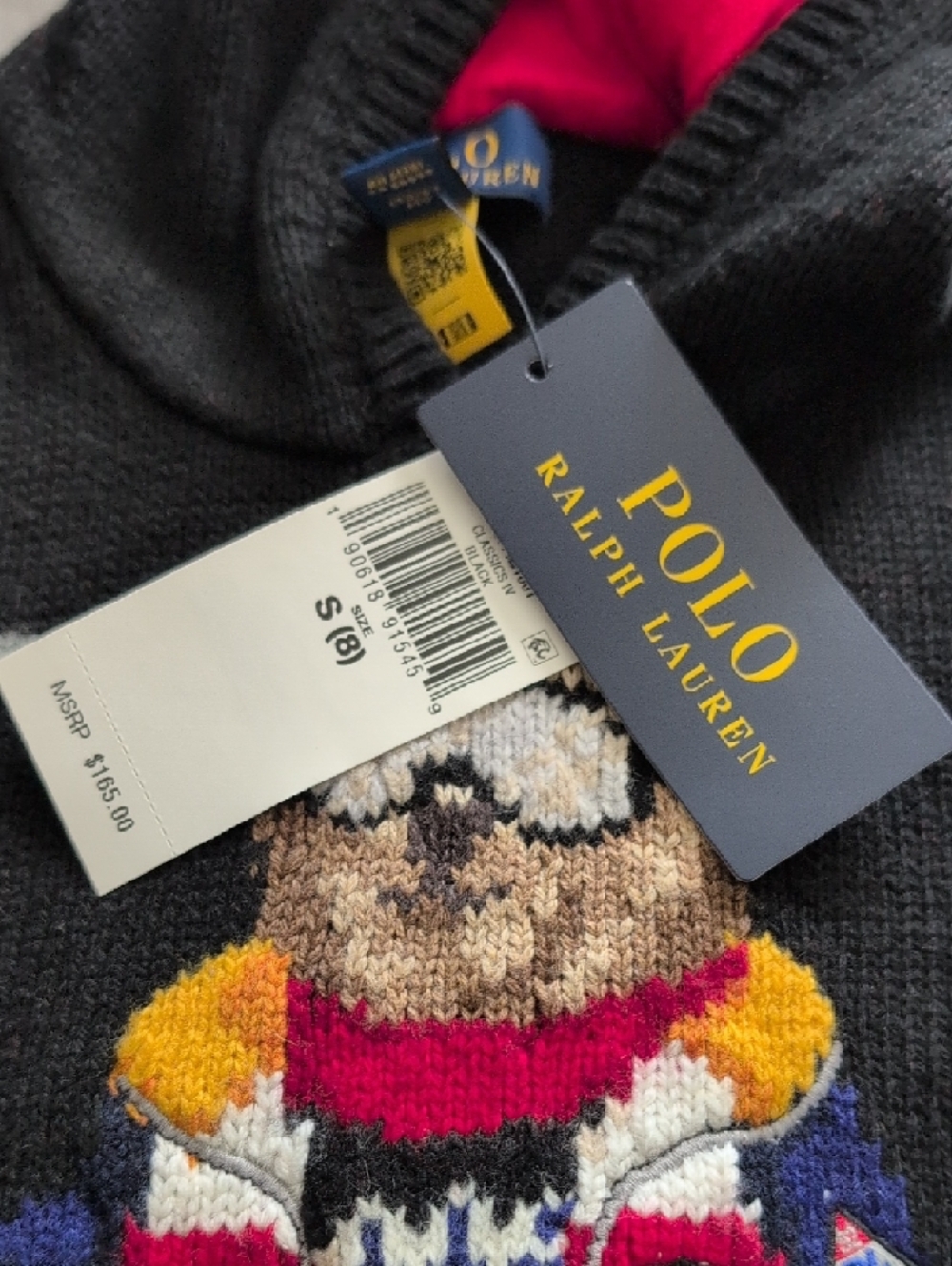 Polo by Ralph Lauren Black Knit Hoodie with Red Trim and Ski Bear - Picture 3 of 10
